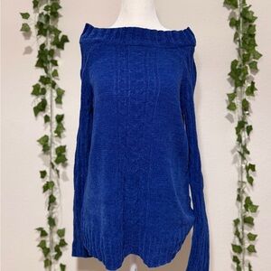 Vintage Royal Blue Chenille Sparkle Sweater | Off-Shoulder Cozy Fit | XS–L